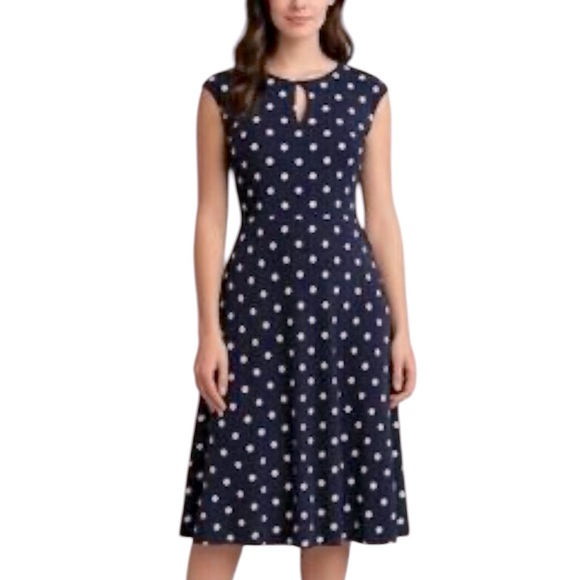 Ralph Lauren Women’s Polka dots Navy&White Midi Dress size 6P NEW - Picture 1 of 17